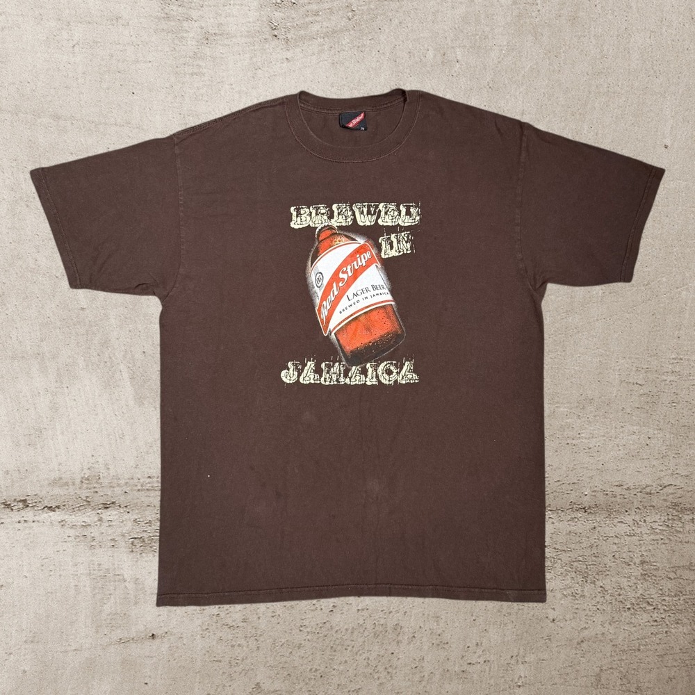 Vintage 90s Red Stripe T-Shirt Mens 2XL Brown Brewed in Jamaica Beer Graphic Tee